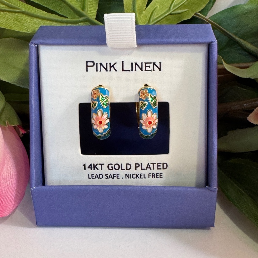 Pink Linen 14K Gold Plated Floral Hoop Earrings